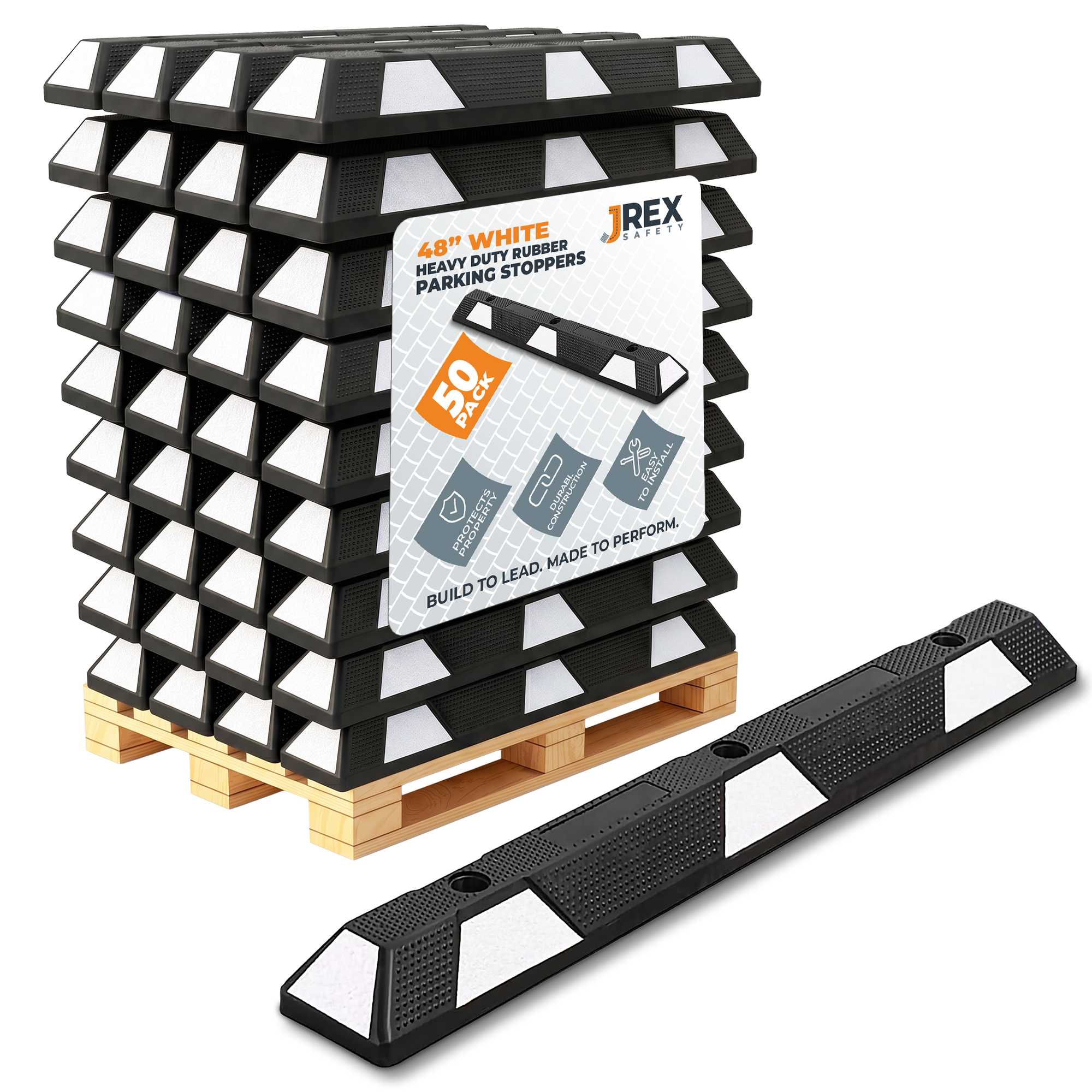 48" Rubber Parking Block Curb Stop - White Reflective Strip - Full Pallet 50